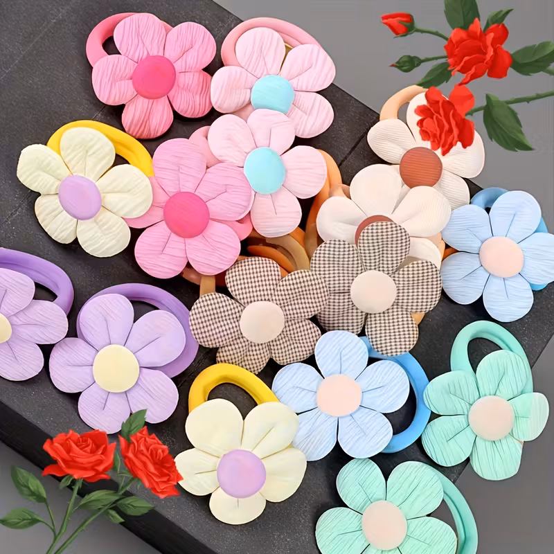 Set de 5/12 piezas en color rosa y crema con flores 3D y diademas con lazo